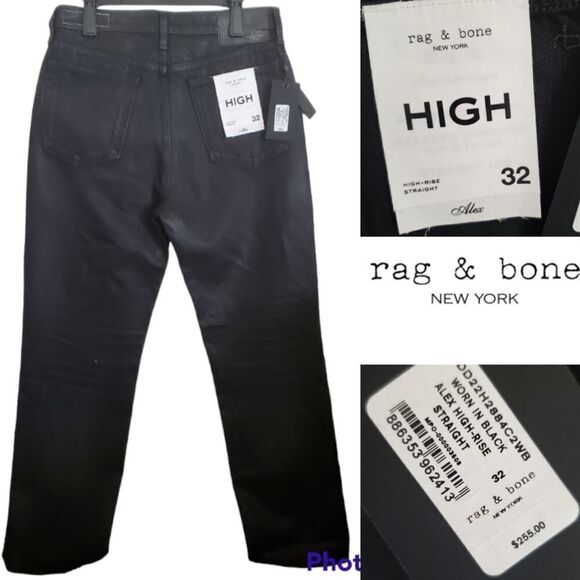 $255 NEW 32 Rag & Bone ALEX HIGH RISE HR STRAIGHT LEG WORN IN BLACK JEANS NWT - Picture 1 of 11